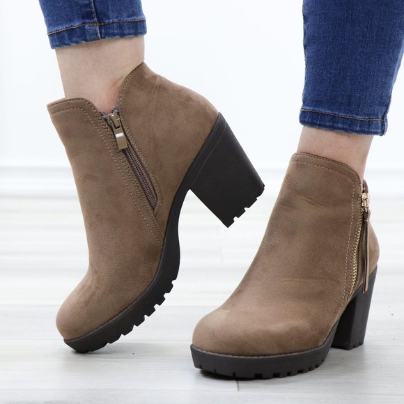 Taupe Suede Lug Chunky Heel Ankle Boots - Picture 10 of 12